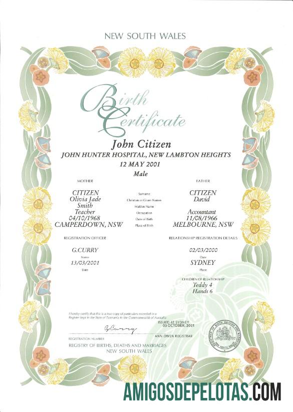 Imprimível modelo de certidão de nascimento decorativa (comemorativa) da Austrália Nova Gales do Sul em formato PSD